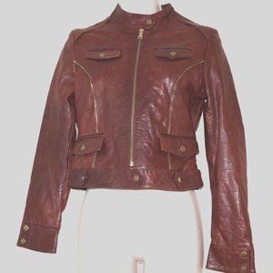 K& C Brown Leather women cropped Jacket Size M (fit small)